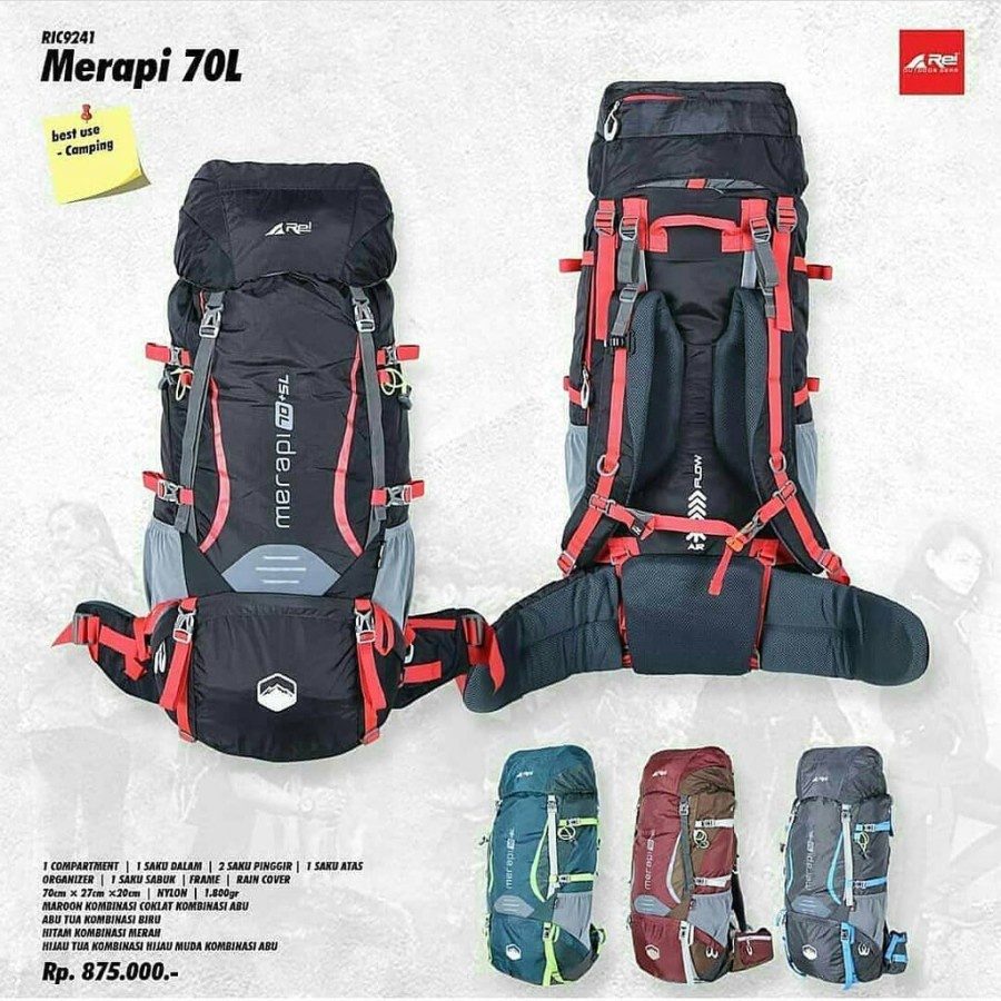 TAS GUNUNG CARRIER AREI MERAPI 70+5 LITER REI ORIGINAL INCLUDE RAINCOVER