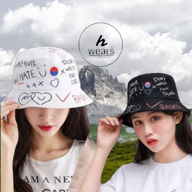 Topi Bucket korea Sablon.Bucket korea Style