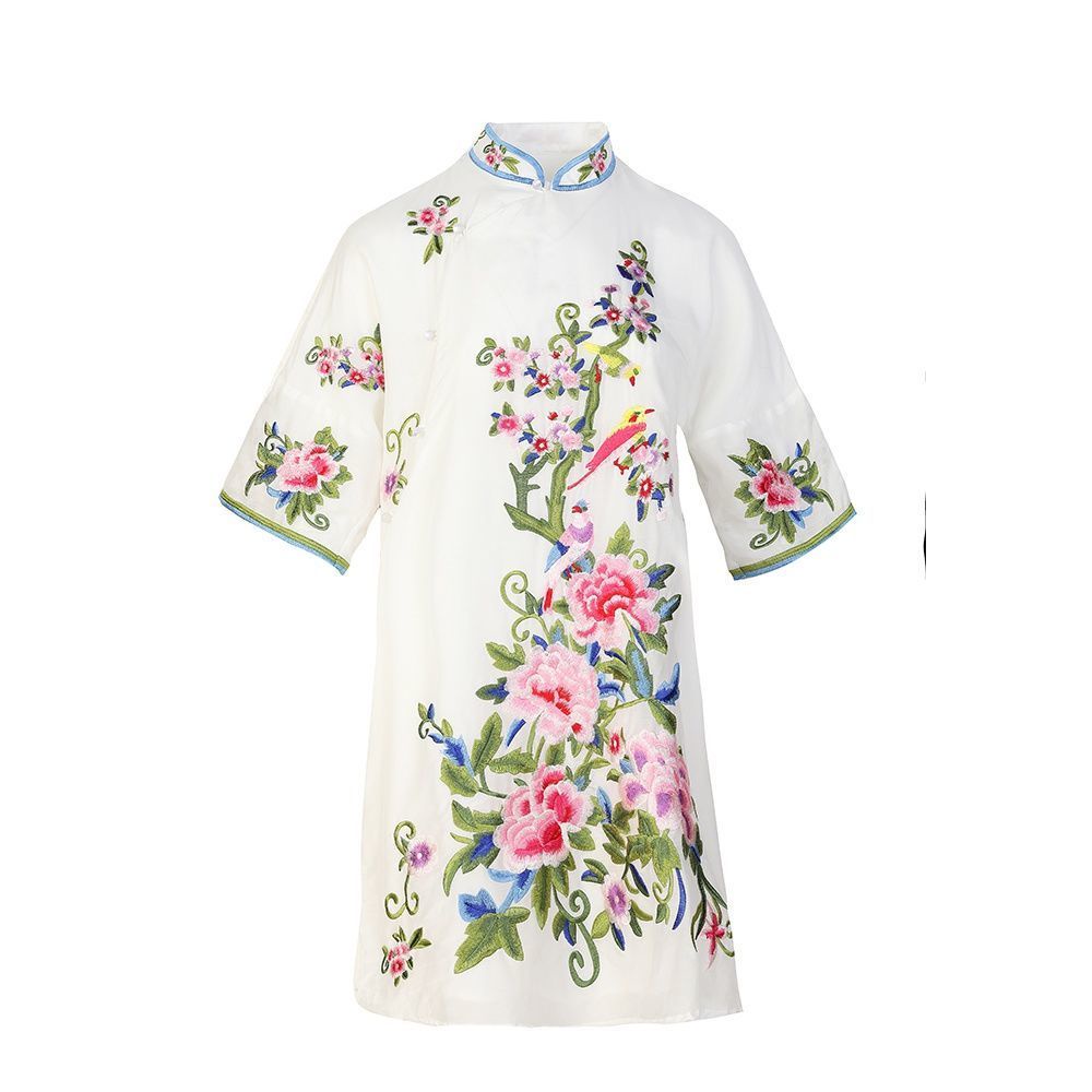 White shirt women 2022 spring retro oblique placket buckle large embroidered medium long imitation s