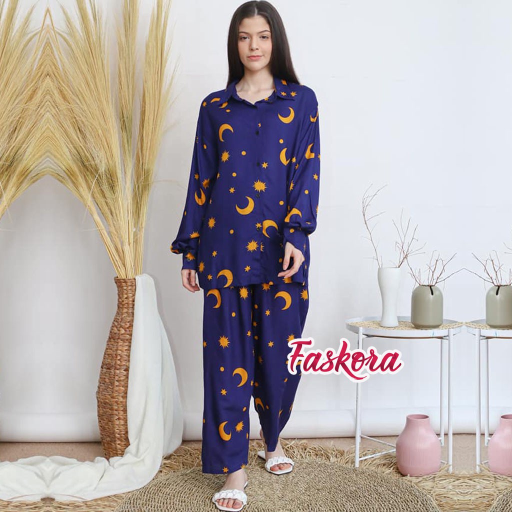 Piyama Wanita Lengan Panjang Jumbo Bulan Bintang / Pajamas Katun Rayon Jumbo Set Bulan Bintang