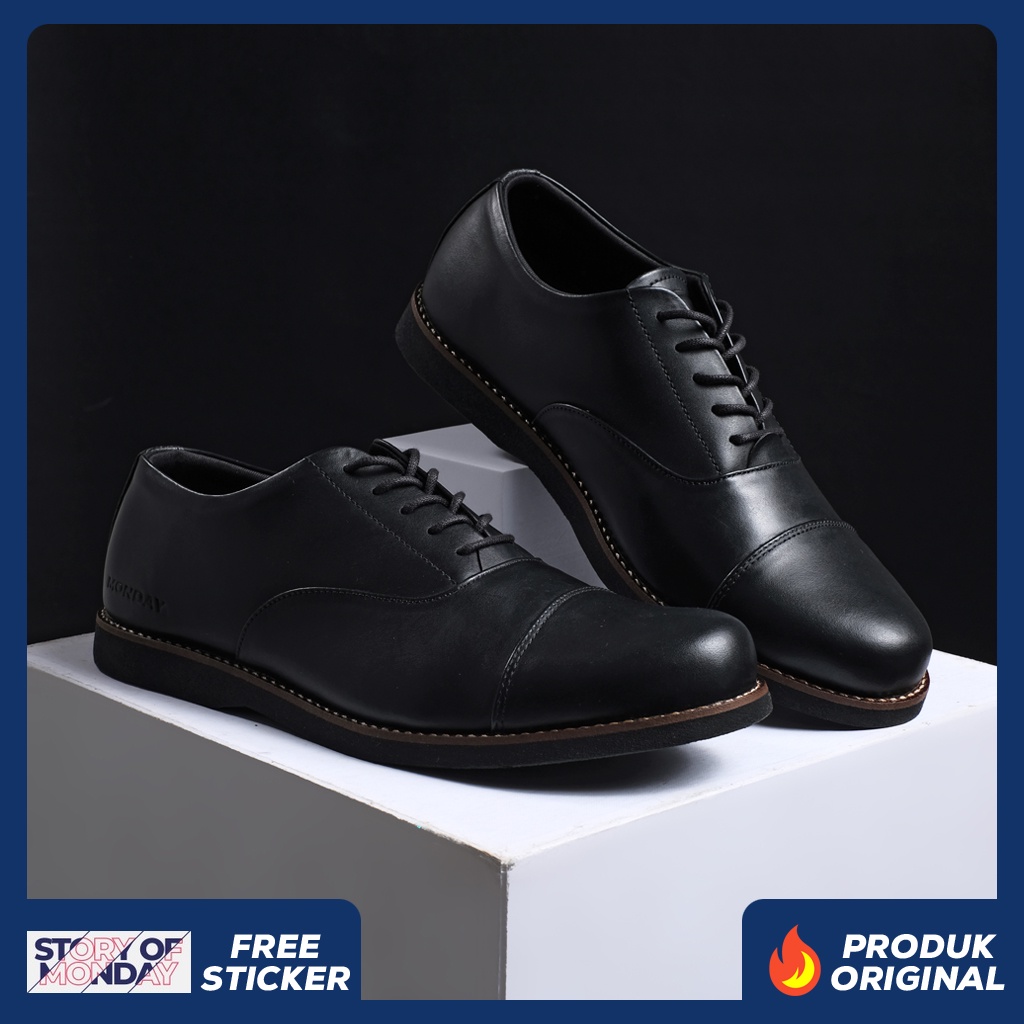 OXFORD BLACK GL ORIGINAL x MONDAY Kulit Sapi Asli Hitam Pria Formal Pantofel Tali Kerja Kantor Dinas Resmi Guru Kantoran Pesta Undangan Kondangan Wedding Kuliah Semi Casual Modern Derby Genuine Leather Footwear Big Size Jumbo Ukuran Besar 44 Keren Terbaru