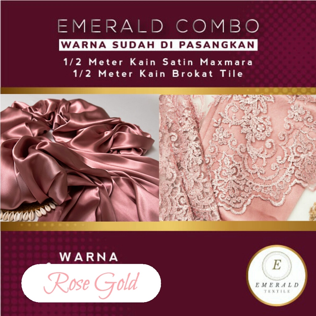 COMBO 1/2 Meter Brokat Tile Motif Bunga + 1/2 Meter Furing Kain Satin Maxmara Silk Premium By Emerald Textile