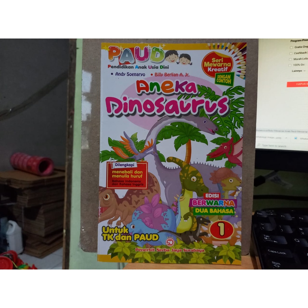 Buku Mewarnai Anak Paud Kreatif Aneka Dinosaurus Menebali dan Menulis HurufSerba Jaya (FULL COLOR)