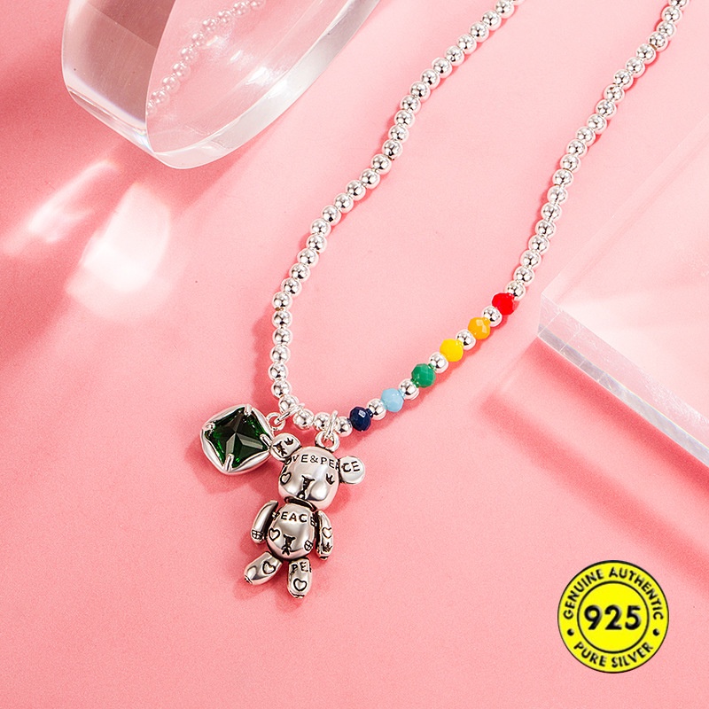 Kalung Manik-Manik Bulat Warna Pelangi Bahan S925 Silver Tahan Air Untuk Wanita