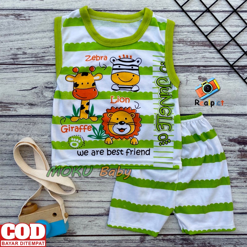 Setelan Baju Bayi Singlet Bayi Lengan Kutung Motif Junggle Usia 3-12 Bulan - Ana Baby