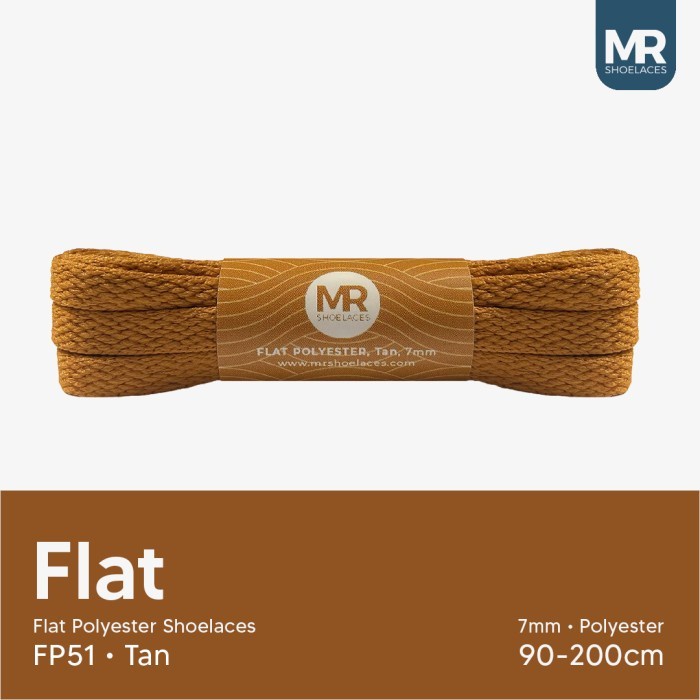 MR Shoelaces FP51 Coklat (Tan) Tali Sepatu Pipih Flat 7mm 90cm 100cm 120cm 130cm 140cm 150cm 180cm 200cm