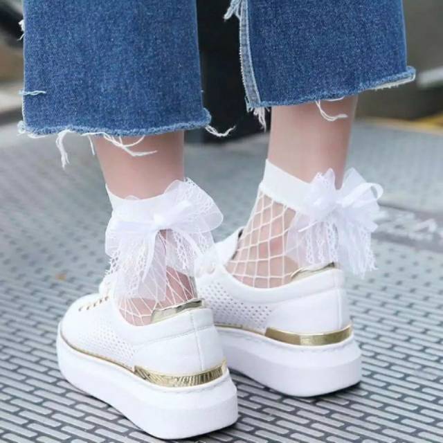 Kaos kaki ankle bahan lace mesh dengan pita import