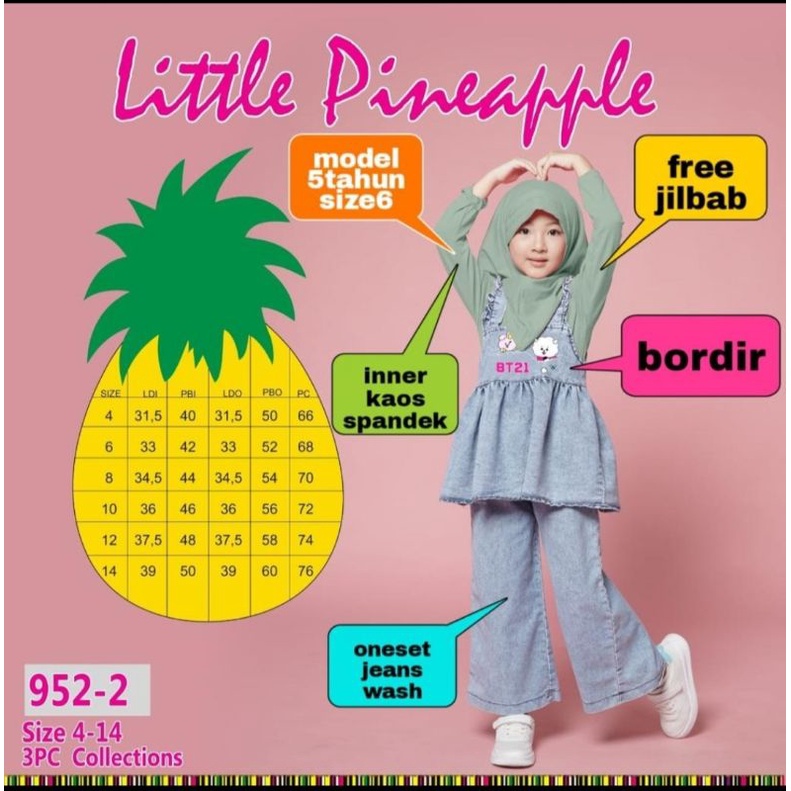 (LP. 952-2)LITTLE PINEAPPLE Setelan Kulot + Inner+ Rompie Jeans No.4-14 ( 4 - 9th )