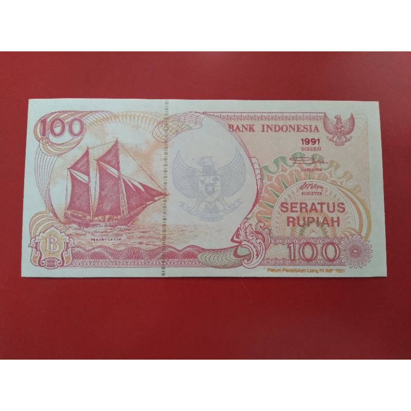 uang kertas UKA UKA 100 Rupiah Perahu Layar tahun 1991