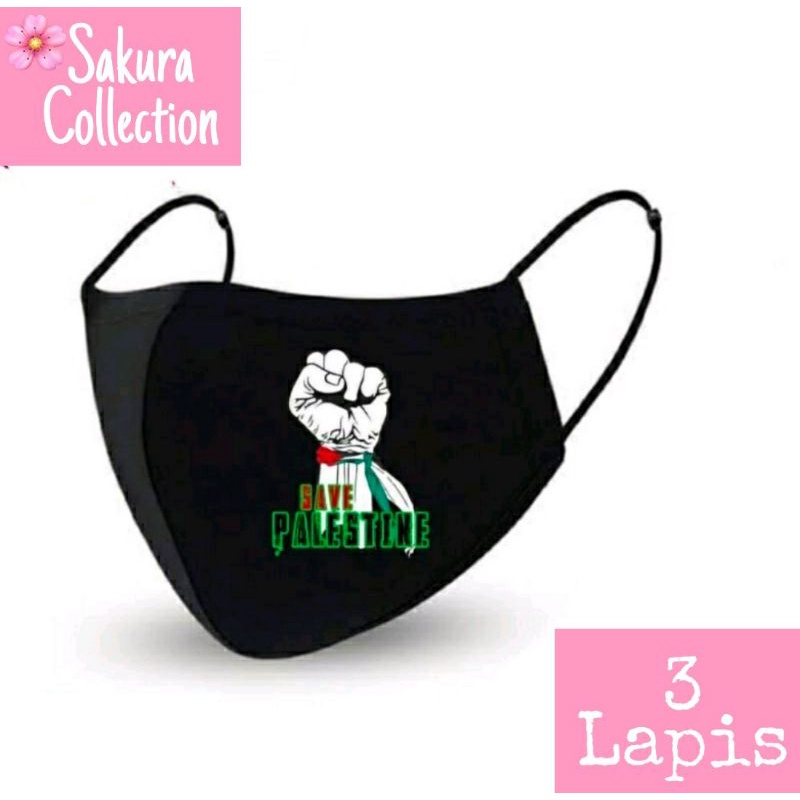 masker kain 3 PLY - Save Palestine/Palestina - Hitam kain 3 Lapis Earloop Scuba kn95 Anak Dewasa