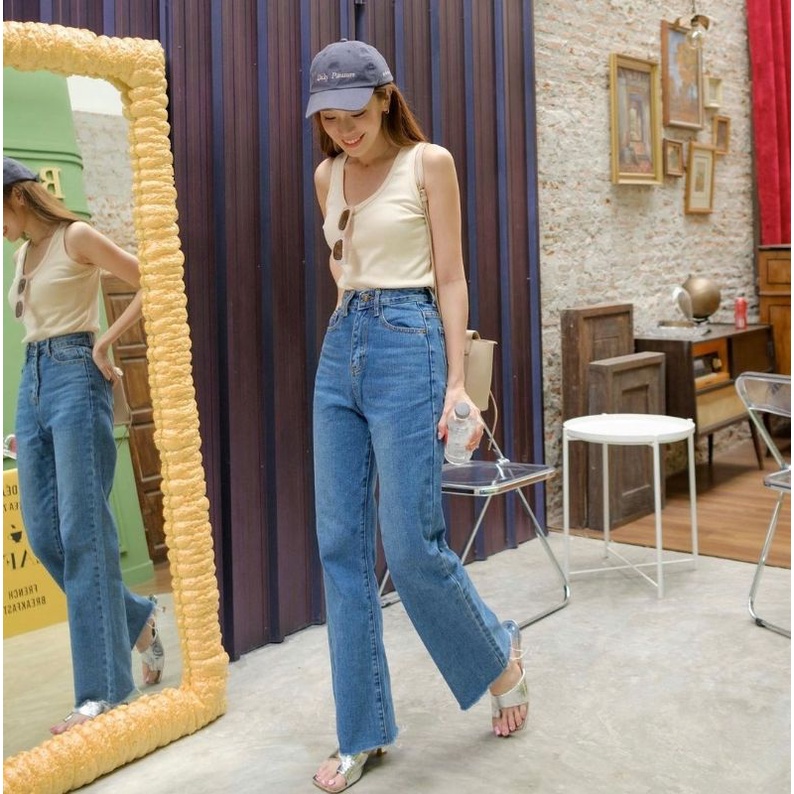 (27-34) UNFINISHED HW MEDIUM BLUE LOOSE JEANS / UNFINISHED MEDIUM BLUE HW LOOSE JEANS / CELANA HW LOOSE JEANS WANITA CEWEK