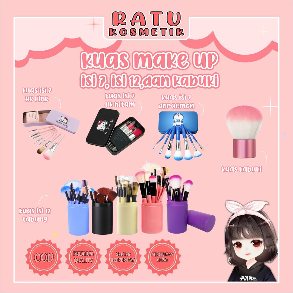 ❤ RATU ❤ Kuas Hello Kitty Doraemon Set Isi 7 | Brush Make Up Kaleng Kitty Doraemon | Tabung Silinder Set Isi 12 | Kuas Make Up Nalamei 5in1