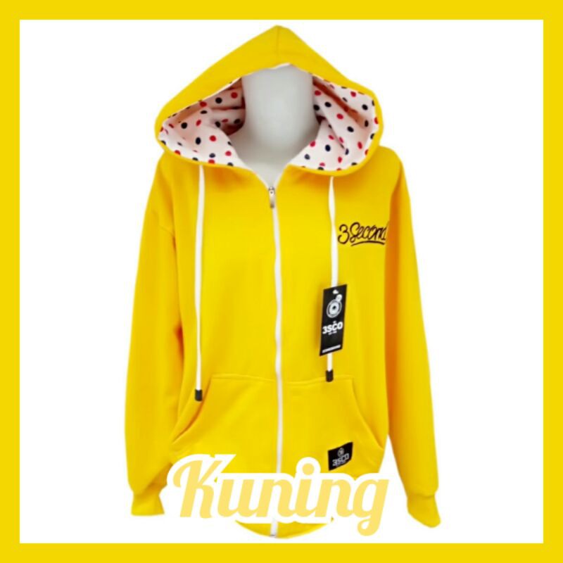 JAKET ZIPPER 3SECOND CEWEK HOODIE POLKADOT KUNING LOGO BORDIR BISA COD