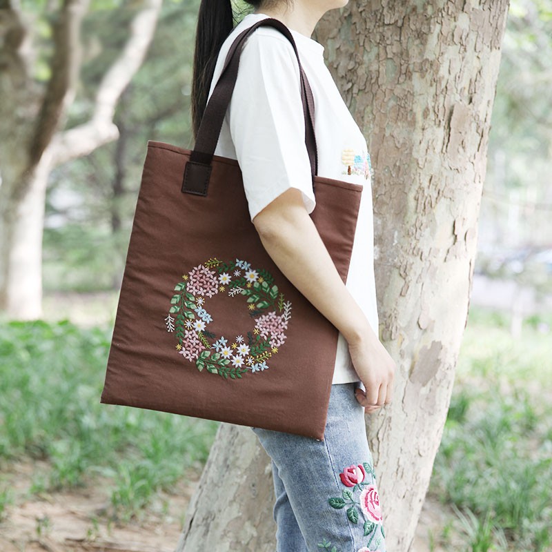 DIY embroidery kit sulam tote bag brown