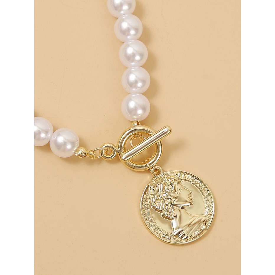 Kalung Mutiara Choker Vintage Liontin Koin lapis Emas Fashion Korea