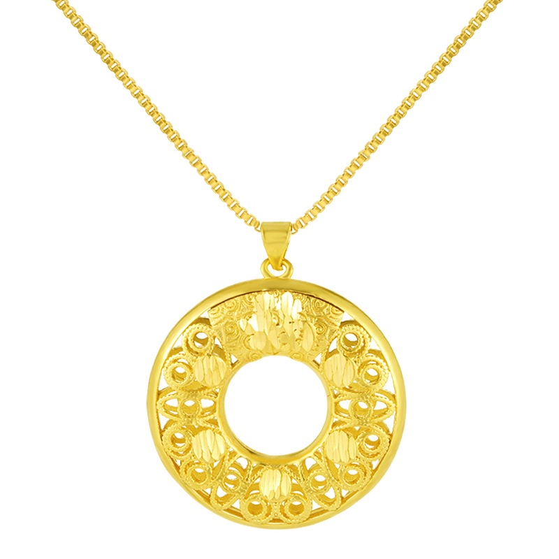 Kalung Liontin Lingkaran Hollow Lapis Emas Asli Kadar 375 Gaya Bangkok Untuk Wanita