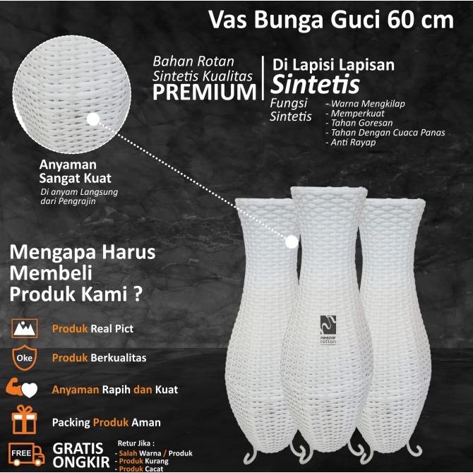 Vas Pot Guci Tempat Bunga Dari Rotan Sintetis Tinggi 60 Cm Murah