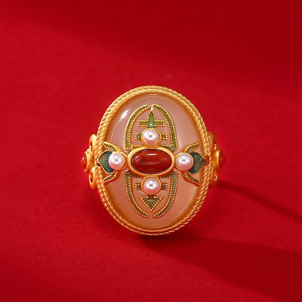 Agustinina Cincin Giok Elegan Indah Hadiah Retro Enamel Perancis Jari Cincin Tembaga Cincin Mutiara