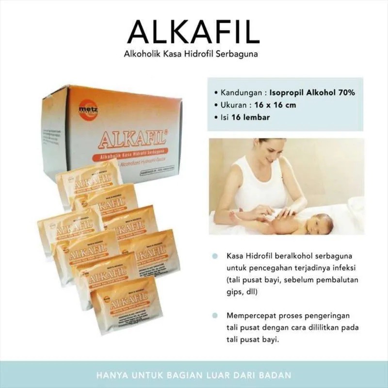 Alkafil Alkoholik 16s Kasa Hidrofil Serbaguna Isi 16 Lembar u/ Tali Pusar Pusat bayi/ Sterilisasi