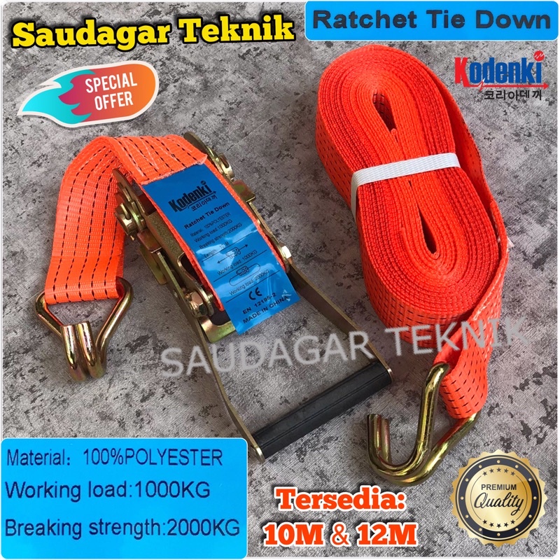 Ratchet Tie Down 2 Ton 10M 12M Webbing Cargo Trek Link Belt Tali Ikat Barang Kodenki