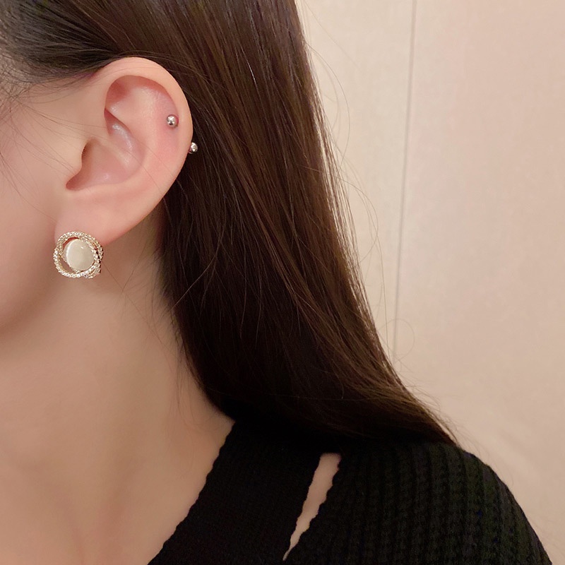 Anting Tusuk Bahan 925 silver Desain Geometri Hias Berlian Opal Gaya Mewah Untuk Wanita