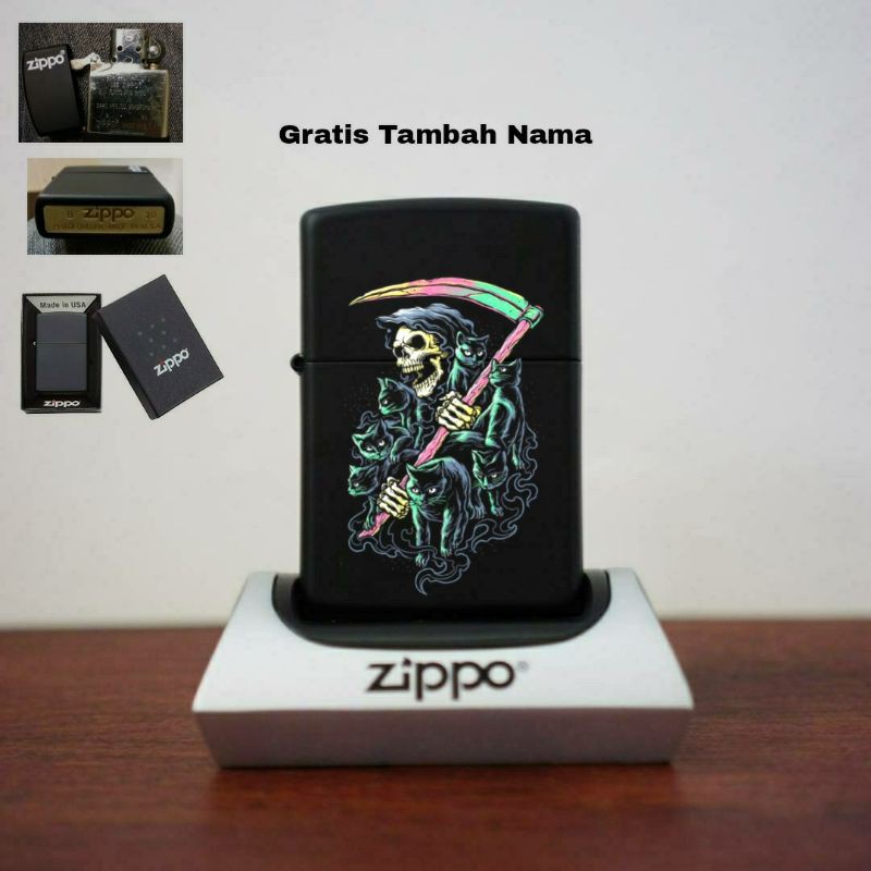 ZIPPO CUSTOM BLACK MATTE GRADE ORI SKULL BLACK CAT PREMIUM QUALITY