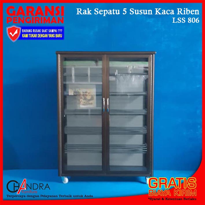 Lemari / Rak Sepatu / Tempat Sandal Aluminium 6 Susun Kaca Riben LSS 806-80 (BROWN)