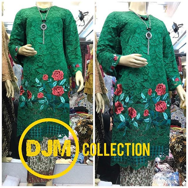 Set Kebaya Brukat Tunik Bordir Hijau Botol Mix Plisket / Kebaya Modern