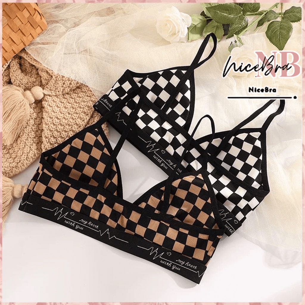 Nicebra Bra Wanita Tanpa Kawat Bahan Halus BH Pakaian Dalam Bra Push Up Motif Catur 1086