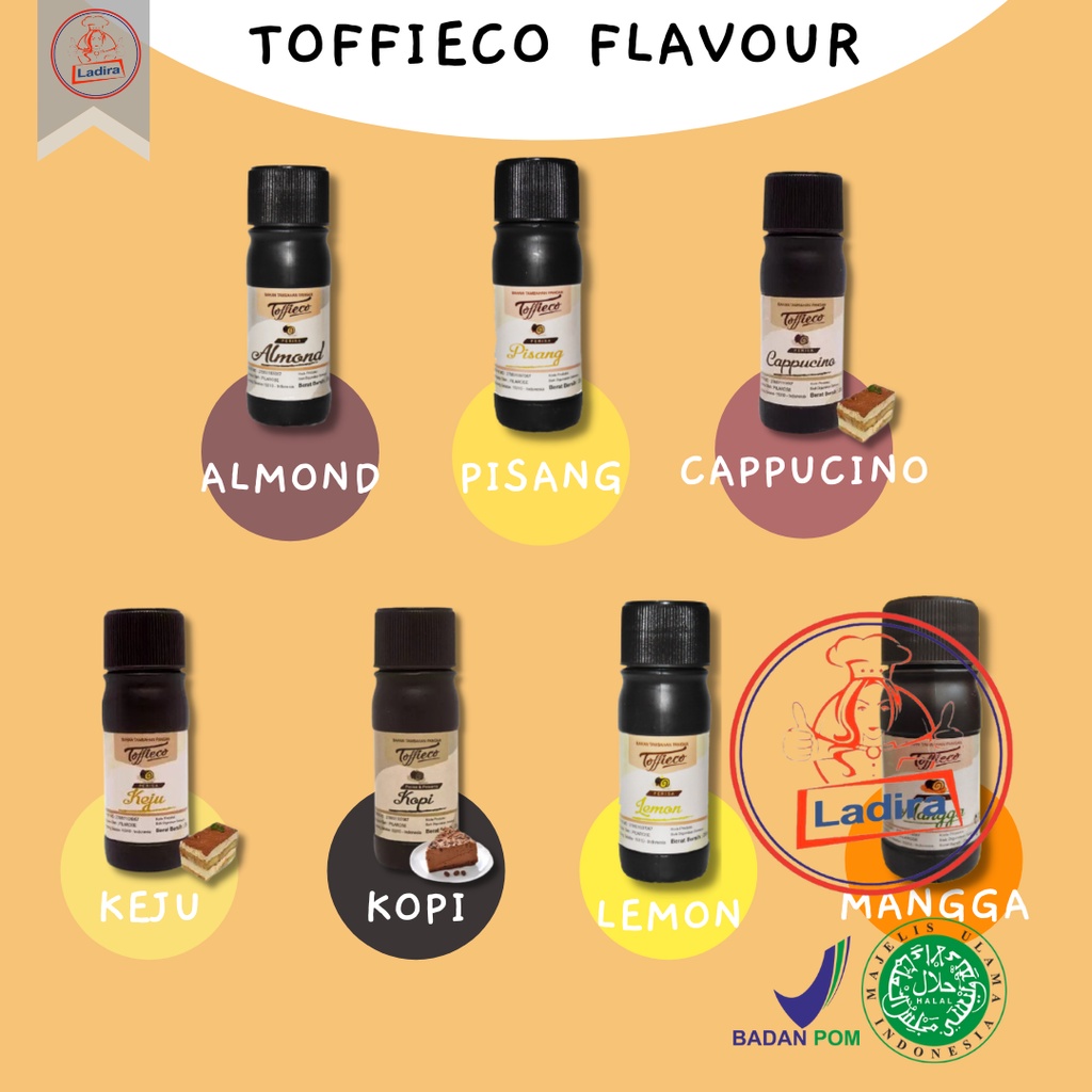 

TOFFIECO FLAVOUR bahan kue murah bahan baking perasa makanan ALMOND / BANANA / CAPPUCCINO / CHEESE / COFFE / LEMON LIME / MANGO / MINT / PANDAN / SMOKED BEEF / STRAWBERRY / TIRAMISU / TUTTY FRUTY BPOM 25 CC