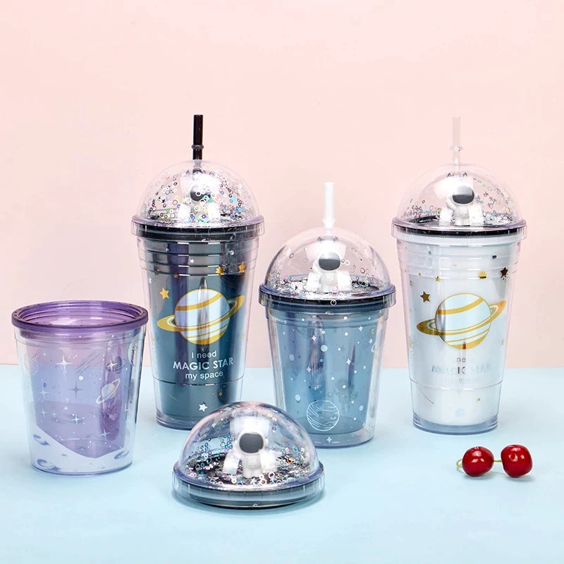 TURUN HARGA!!  Botol Minum Gemoy BPA FREE Tumbler Bubble Astronot Sedotan Gelas Minum Glitter Cups Blink Botol Minum Lucu