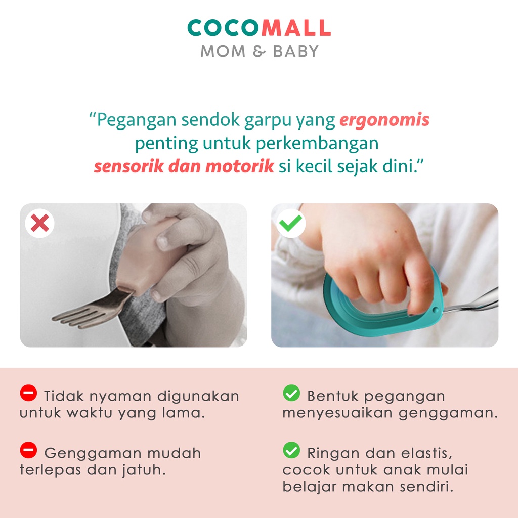 COCOMALL Sendok Anak Stainless Steel SUS316 - Training Spoon Baby Spoon BLW - Sendok Belajar Makan Bayi - Sendok Mpasi Bayi Silikon Melengkung - Sendok Garpu Anak