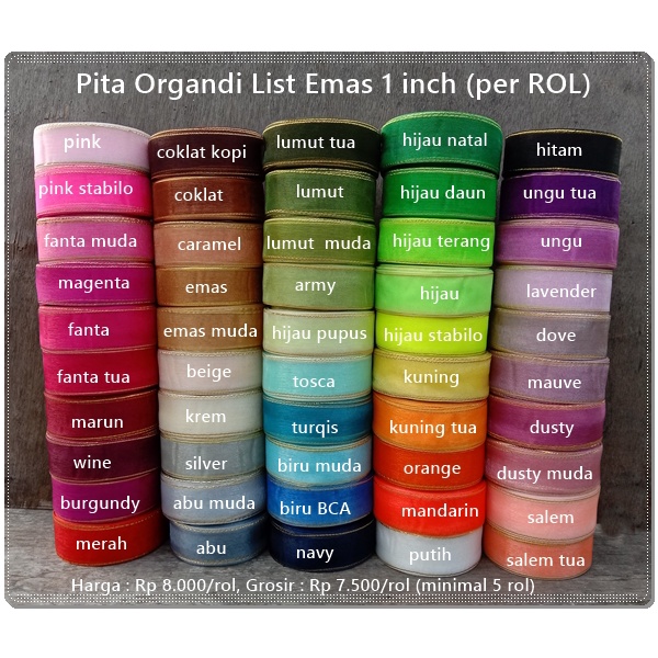 

POL-802 : Pita Organdi List Emas 1 inch (per ROL)