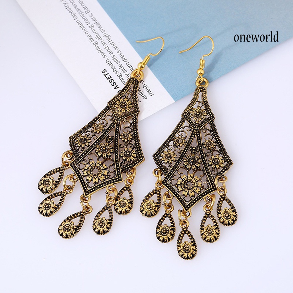 OW@ Vintage Women Chandelier Eardrops Hollow Leaves Tassels Dangle Hook Earrings