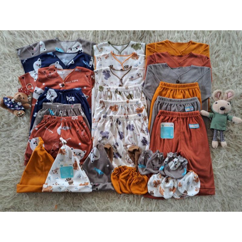 35pcs Paket Perlengkapan Baju Bayi Baru Lahir, 3-6 dan 6-12 bulan celana bayi kado topi gurita sarung tangan popok bayi Lengkap plus Swaddle Motif Printing SNI Promo 9.9