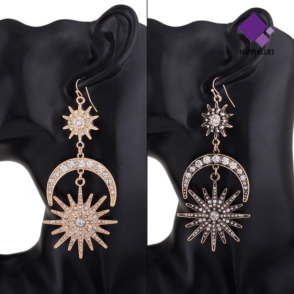 Naiveblue &gt; Anting Kait Gantung Statement Desain Matahari + Bulan Hias Berlian Imitasi Gaya Boho Untuk Wanita
