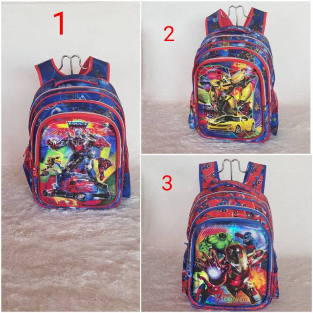 Tas Ransel Sekolah Anak SD 3D EMBOSS TIMBUL Karakter Cars Transformer Tayo Little Pony Bumblebee LOL