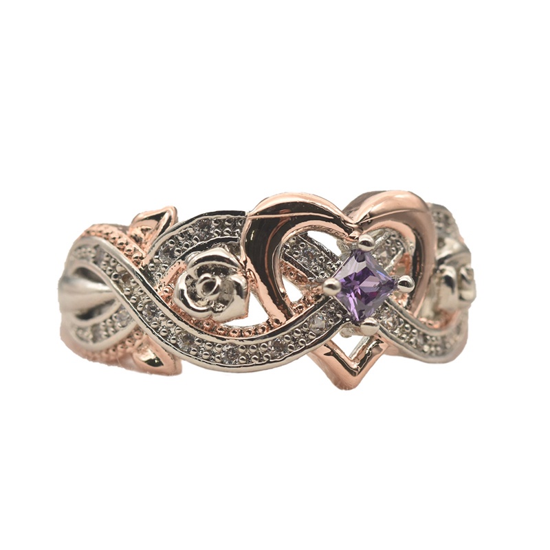 Fancyqube Cincin 925 Sterling Silver Rose Gold Bentuk Hati Hias Batu Permata Amethyst Zircon Gaya Eropa Amerika