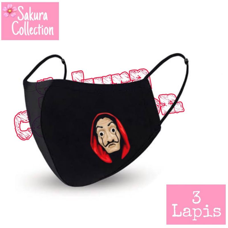 Masker kain 3 lapis - MONEY HEIST - LA CASA DE PAPEL - LA CASA DE QUARANTINE / EARLOOP HITAM 3PLY