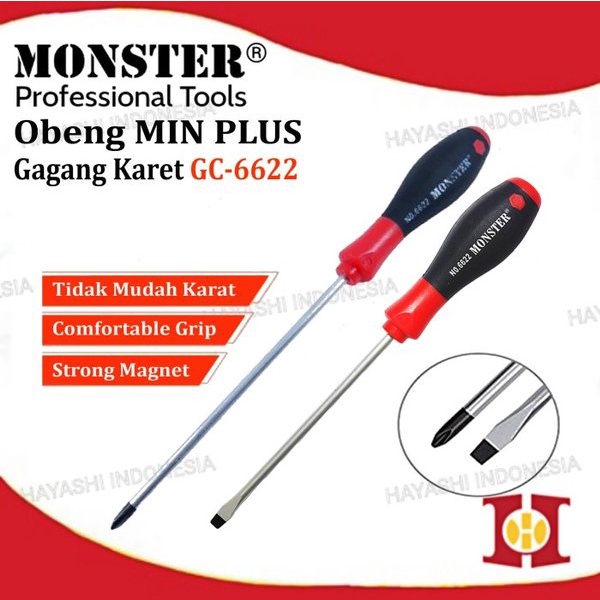 Obeng Min Plus Kembang Bolak Balik Screwdriver Magnet Gagang Karet + -