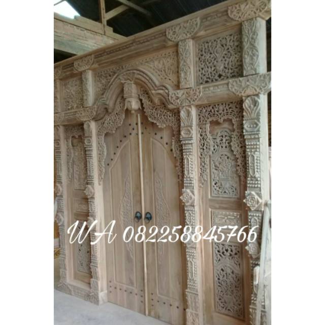 Pintu & Kusen Gebyok Kayu Jati Full Ukir Jepara, Satu Set Pintu Rumah Ukir Gebyok