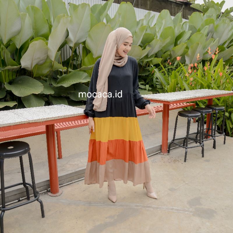 midi dress campur warna rainbow hitam kuning orens coksu cream busui friendly ootd update 2021sleting wudhu lengan karet