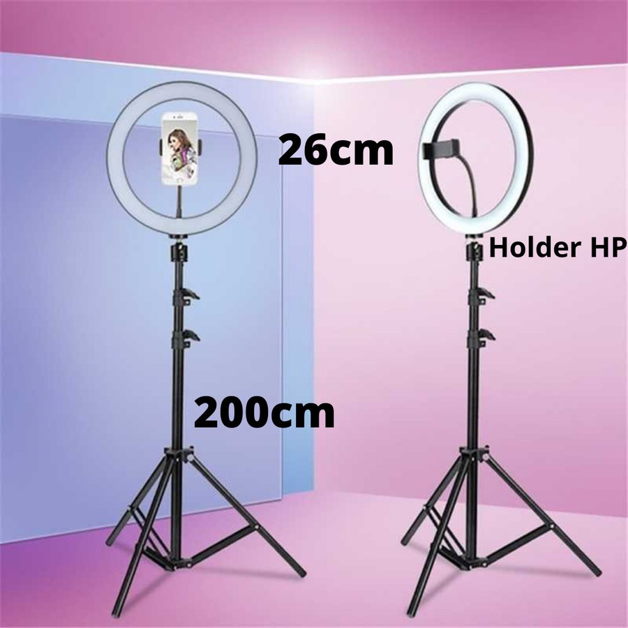 PAKET RING LIGHT 26cm - TRIPOD 2M - HOLDER HP VLOGGER TIKTOK