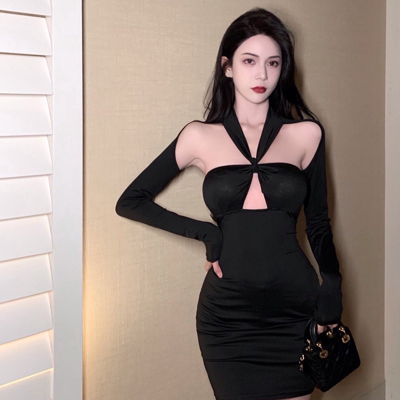 midi dress korea halter neck ketat tas berongga hip dress wanita bottoming rok pendek lipit hitam ke