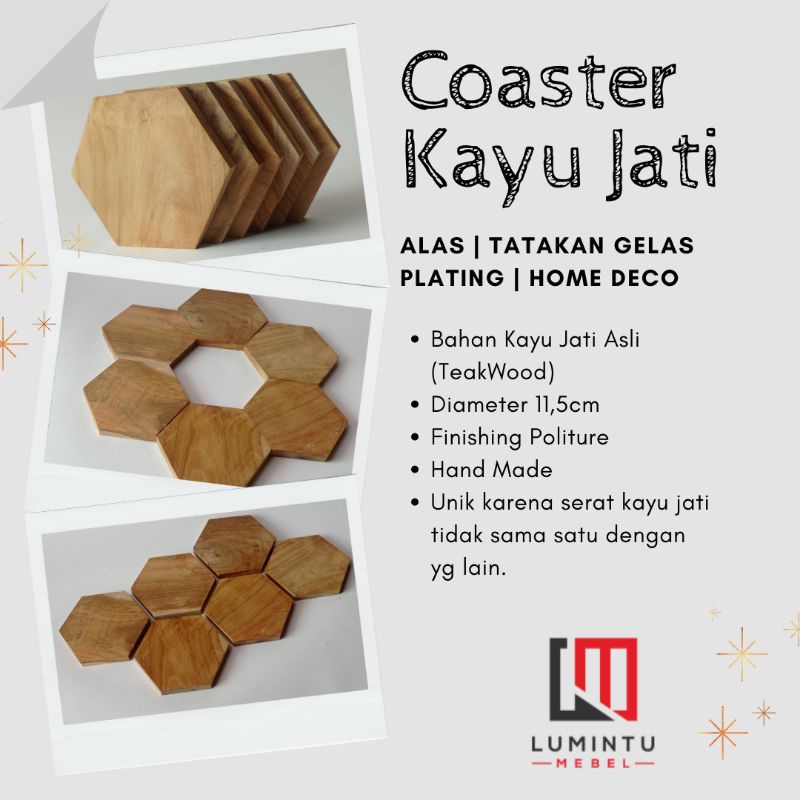 Coaster Kayu Jati Segi Enam Untum Alas | Tatakan Gelas | Plating | Home Deco Asli Kayu Jati