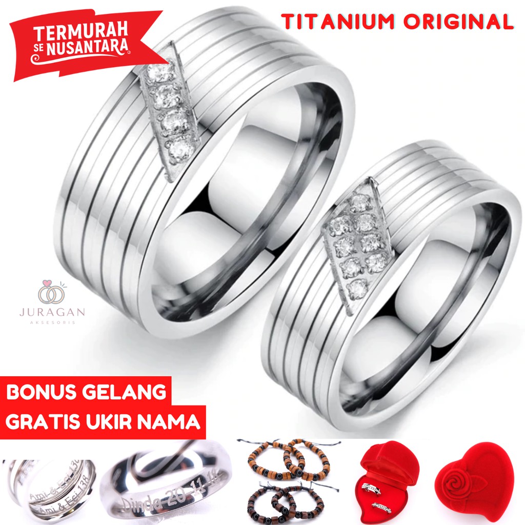 [HIGH QUALITY] Cincin Couple BUCIN R102 Titanium Ukir Nama + Box Beludru + BONUS Gelang Couple