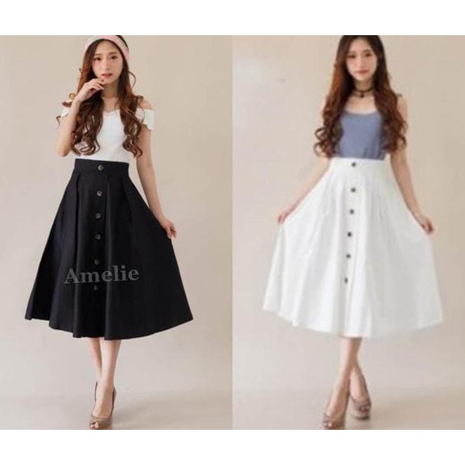 0zyb rok panjang midi lebar flare skirt korea import ab50771 hitam putih 53da