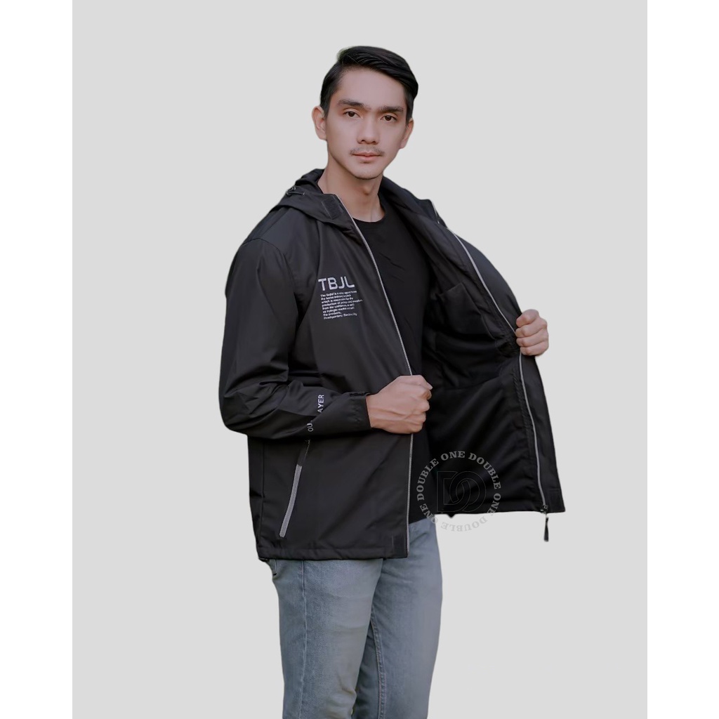 DOUBLE ONE - Jaket Pria Outdoor Taslan Original THE BOJIEL / Jaket Waterproof / Jaket Hoodie Parasut Pria / Jaket Hoodie Anti Air Hitam