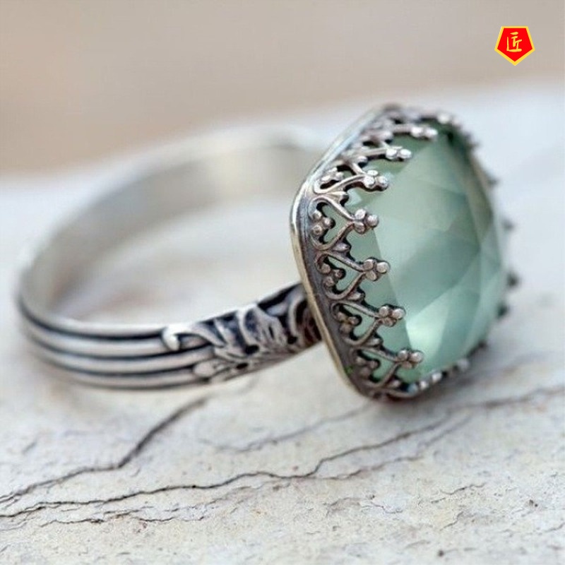 [Ready Stock]Mint Green Moonstone Square Diamond Ring Women's Vintage Silver