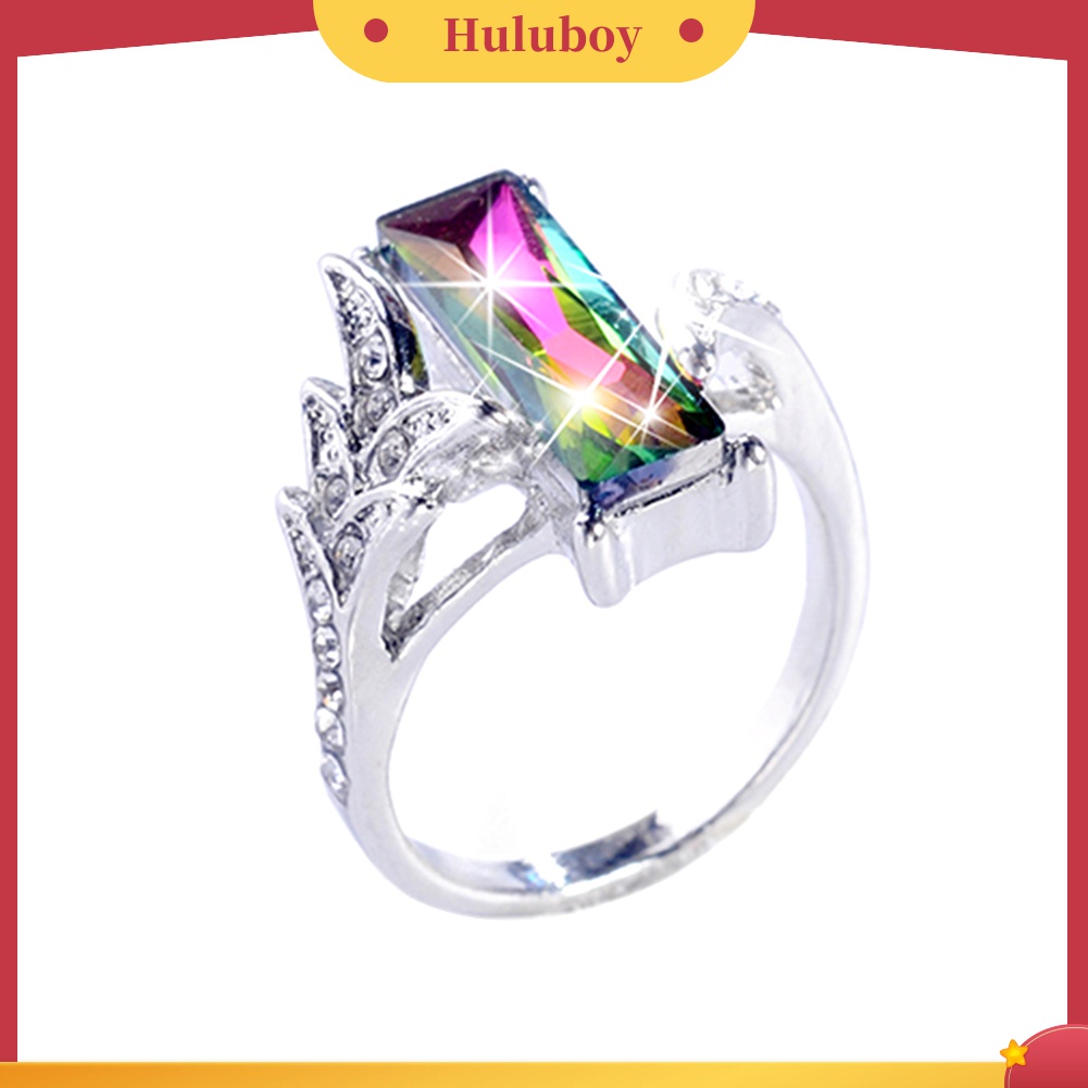 Huluboy Cincin Wanita Hias Cubic Zirconia Bentuk Persegi Warna Pelangi Gaya Elegan Untuk Pernikahan